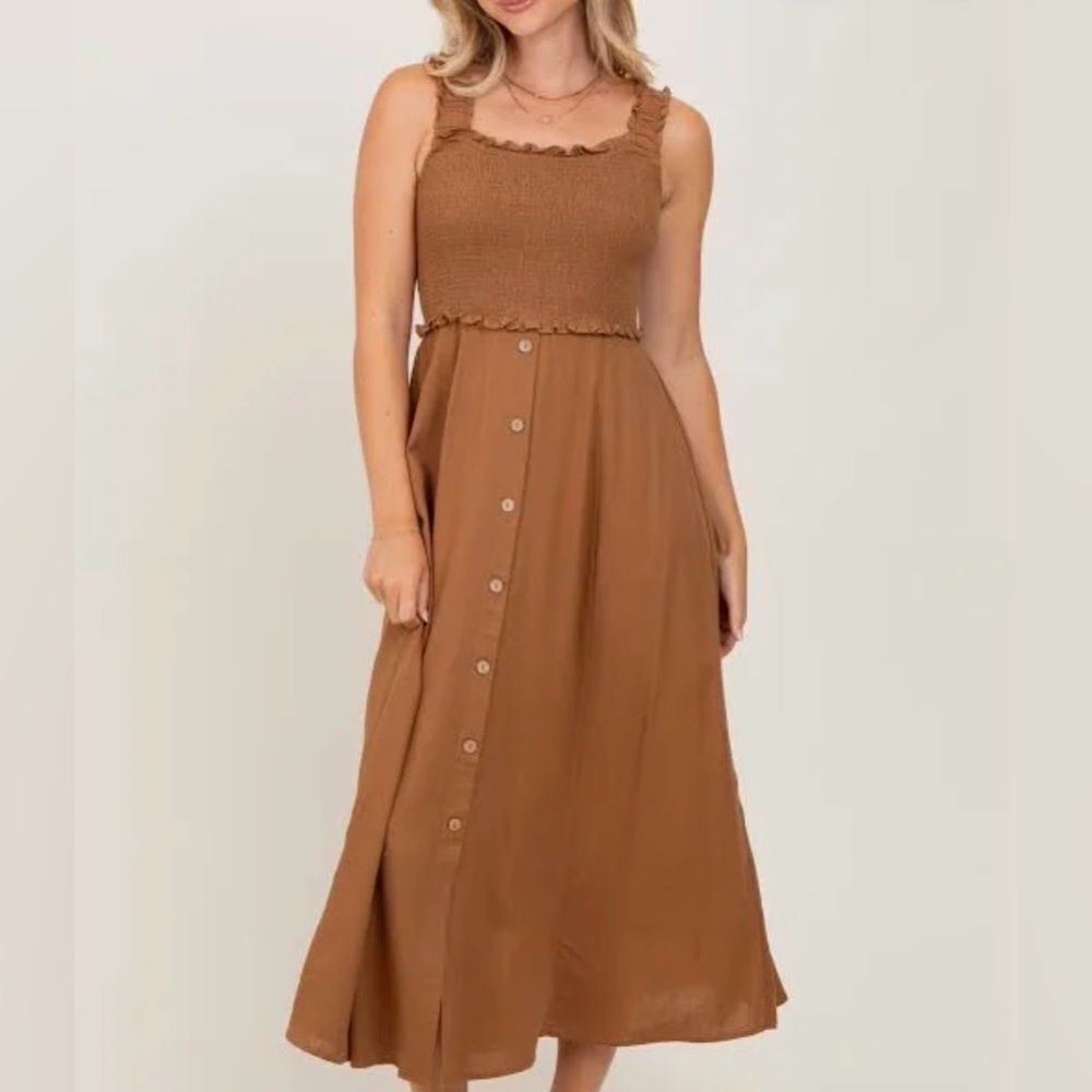 Wishlist Smocked Sleeveless Button Down Midi Dress Brown Large NWT IN PKG